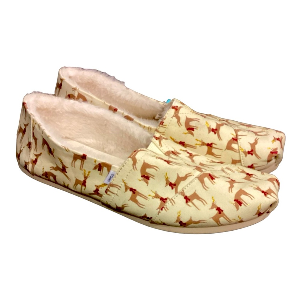 Toms Alpargatas Beige Glitter Reindeer print slippers women’s size 12